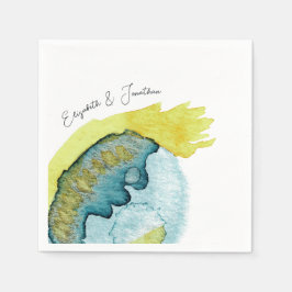 Blauw Geel Abstract Waterverf Kunst Unieke Bruilof Servet