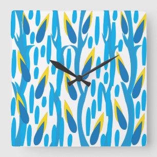 Blauw Geel Abstracte Bladeren Vintage Natuur Vierkante Klok