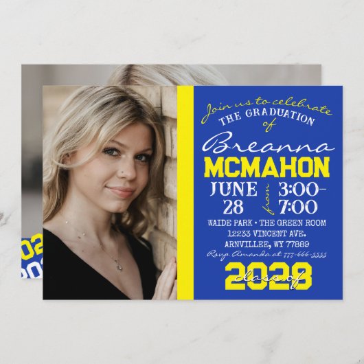 Blauw & Geel Afstuderen 2 Fotouitnodiging Kaart (Voorkant / Achterkant)