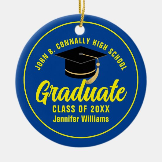 Blauw Geel Afstuderen Aangepast Afstuderen Kerst Keramisch Ornament (Voorkant)