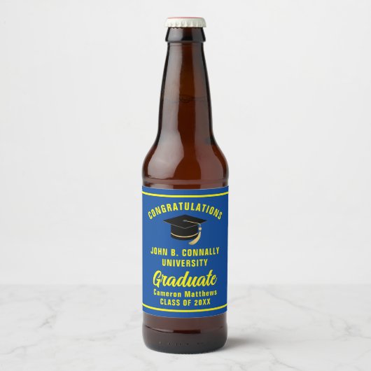 Blauw Geel Afstuderen Custom Graduation Party Bier Etiket (Voorkant)