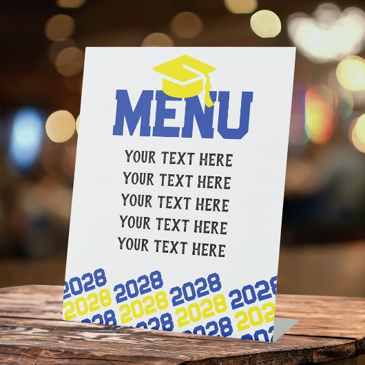 Blauw & Geel Afstuderen Menu Party Reclamebord Met Voetstuk