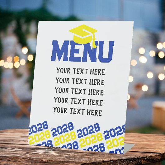 Blauw & Geel Afstuderen Menu Party Reclamebord Met Voetstuk