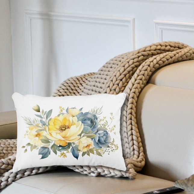 Blauw Geel Aquarel Bloem Motief Slaapkamer Woonkam Accent Kussen (Blue Yellow Floral Watercolor Lumbar accent pillow)