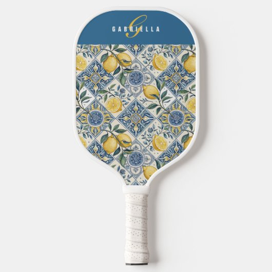 Blauw Geel Aquarel Citroen Aangepaste Naam Pickleball Paddle (Voorkant)