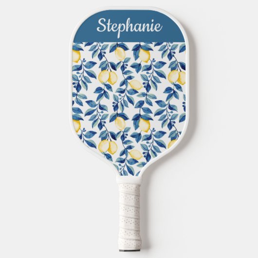 Blauw Geel Aquarel Citroen Aangepaste Naam Pickleball Paddle (Voorkant)