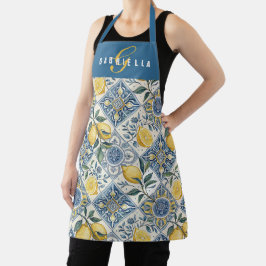Blauw Geel Aquarel Citroen Aangepaste Naam Schort