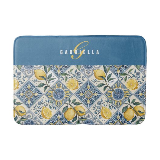 Blauw Geel Aquarel Citroen Monogram Badmat (Voorkant)