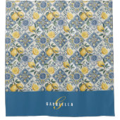 Blauw Geel Aquarel Citroen Monogram Douchegordijn (Voorkant)