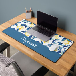 Blauw Geel Aquarel Citroen Monogram Naam Bureaumat