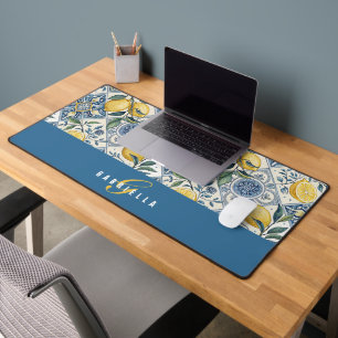 Blauw Geel Aquarel Citroen Monogram Naam Bureaumat