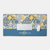 Blauw Geel Aquarel Citroen Monogram Naam Bureaumat (Keyboard & Muis)