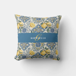 Blauw Geel Aquarel Citroen Monogram Naam Kussen