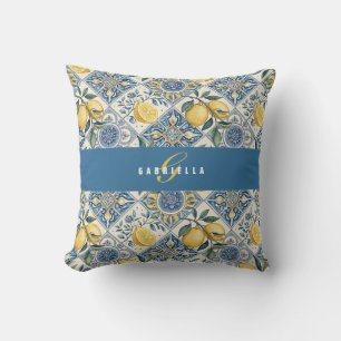 Blauw Geel Aquarel Citroen Monogram Naam Kussen
