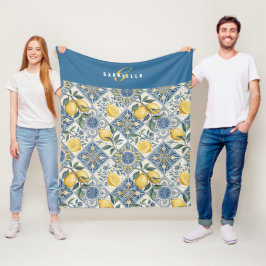Blauw Geel Aquarel Citroen Naam Fleece Deken