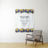 Blauw Geel Aquarel Pioen Bruiloft Welkom Wandkleed (In situ)