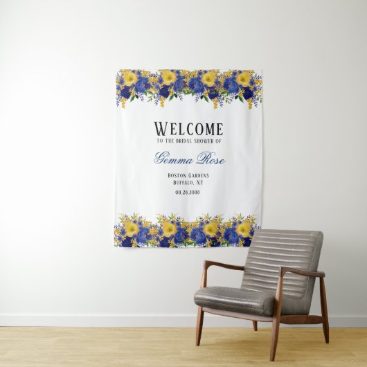 Blauw Geel Aquarel Pioen Bruiloft Welkom Wandkleed (In situ)