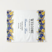 Blauw Geel Aquarel Pioen Bruiloft Welkom Wandkleed (Voorkant (horizontaal))