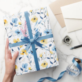 Blauw Geel Aquarel Wilde Bloem Cadeaupapier