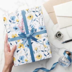 Blauw Geel Aquarel Wilde Bloem Cadeaupapier