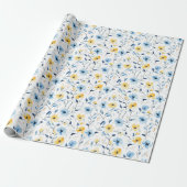 Blauw Geel Aquarel Wilde Bloem Cadeaupapier (Uitgerold)