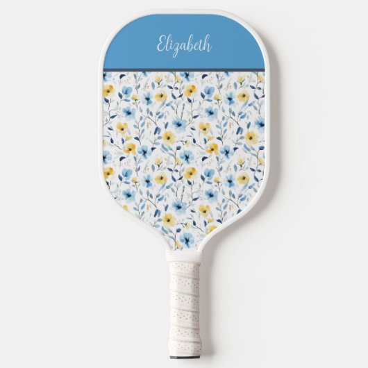 Blauw Geel Aquarel Wilde Bloem Eigen Naam Pickleball Paddle (Voorkant)