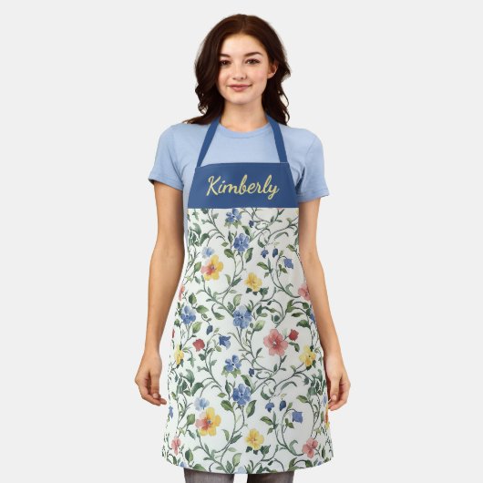 Blauw Geel Aquarel Wilde Bloem Eigen Naam Schort (Gedragen)