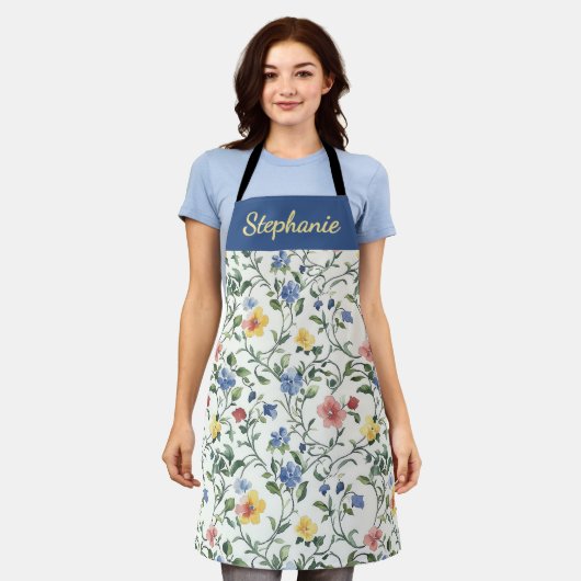 Blauw Geel Aquarel Wilde Bloem Eigen Naam Schort (Gedragen)