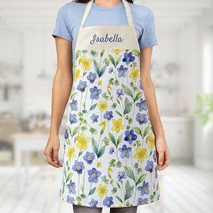 Blauw Geel Aquarel Wilde Bloem Eigen Naam Schort