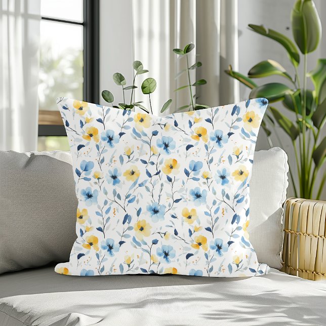 Blauw Geel Aquarel Wilde Bloem Kussen (Creator heeft geüpload)