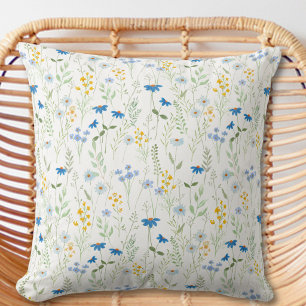 Blauw Geel Aquarel Wilde Bloem Kussen