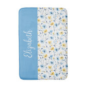 Blauw Geel Aquarel Wilde Bloem Monogram Naam Badmat (Voorkant Verticaal)