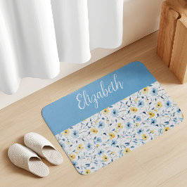 Blauw Geel Aquarel Wilde Bloem Monogram Naam Badmat
