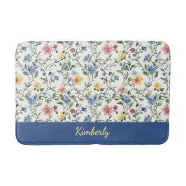 Blauw Geel Aquarel Wilde Bloem Monogram Naam Badmat