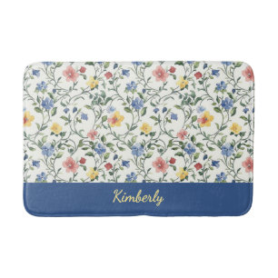 Blauw Geel Aquarel Wilde Bloem Monogram Naam Badmat