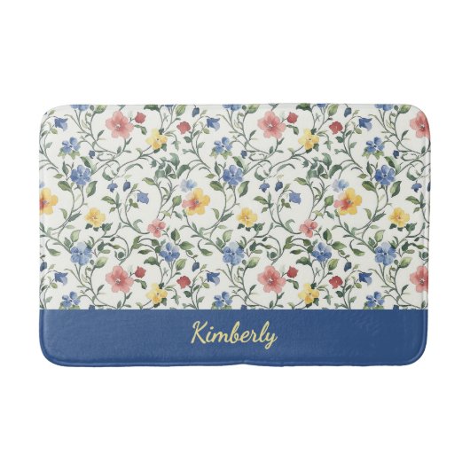Blauw Geel Aquarel Wilde Bloem Monogram Naam Badmat (Voorkant)