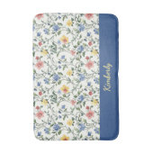 Blauw Geel Aquarel Wilde Bloem Monogram Naam Badmat (Voorkant Verticaal)
