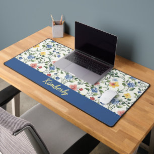 Blauw Geel Aquarel Wilde Bloem Monogram Naam Bureaumat