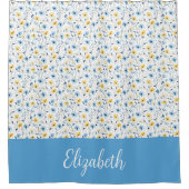 Blauw Geel Aquarel Wilde Bloem Monogram Naam Douchegordijn (Voorkant)