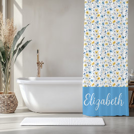 Blauw Geel Aquarel Wilde Bloem Monogram Naam Douchegordijn