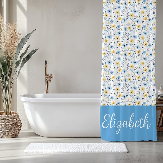 Blauw Geel Aquarel Wilde Bloem Monogram Naam Douchegordijn