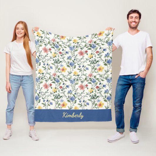 Blauw Geel Aquarel Wilde Bloem Monogram Naam Fleece Deken (In situ)