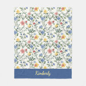 Blauw Geel Aquarel Wilde Bloem Monogram Naam Fleece Deken (Voorkant)