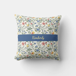 Blauw Geel Aquarel Wilde Bloem Monogram Naam Kussen