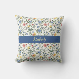 Blauw Geel Aquarel Wilde Bloem Monogram Naam Kussen