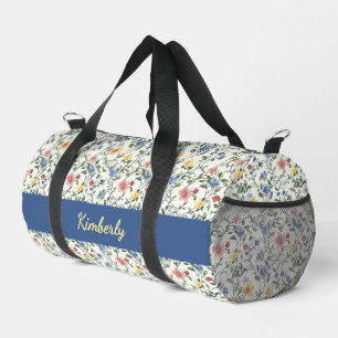 Blauw Geel Aquarel Wilde Bloem Monogram Naam Plunjezak