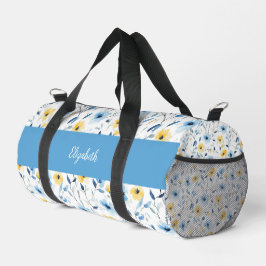 Blauw Geel Aquarel Wilde Bloem Monogram Naam Plunjezak