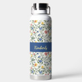 Blauw Geel Aquarel Wilde Bloem Monogram Naam Waterfles (Achterkant)