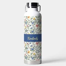 Blauw Geel Aquarel Wilde Bloem Monogram Naam Waterfles