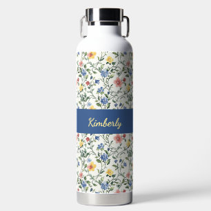 Blauw Geel Aquarel Wilde Bloem Monogram Naam Waterfles